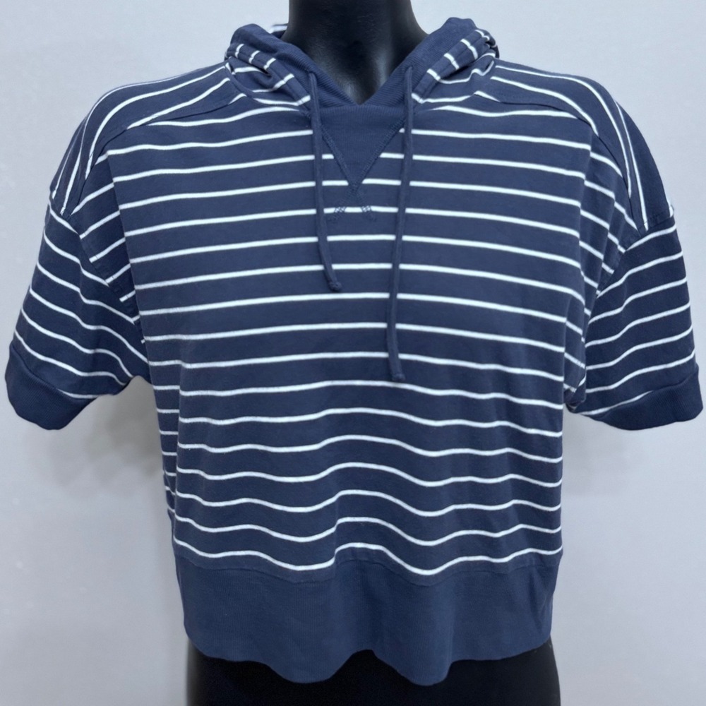 Haven Well Within Womens Cropped Hoodie M Blue White Stripe S/S Coastal Nautical